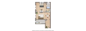 A floor plan of a house with a kitchen, living room, and bathroom.