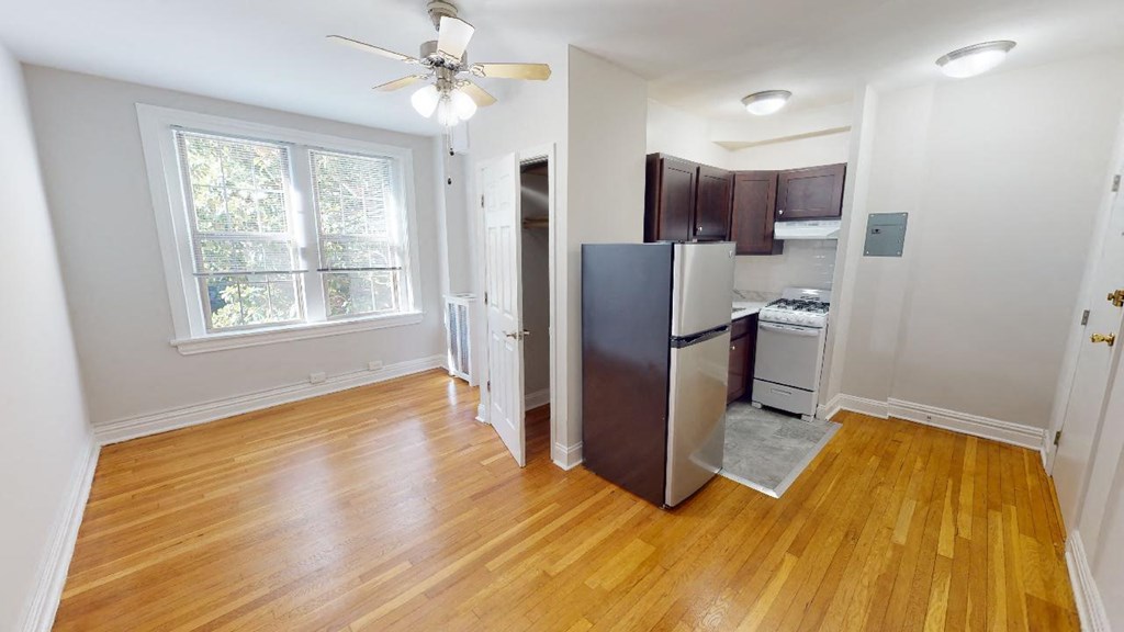 studio A living space and entry way at hampton courts apartments in Washington dc