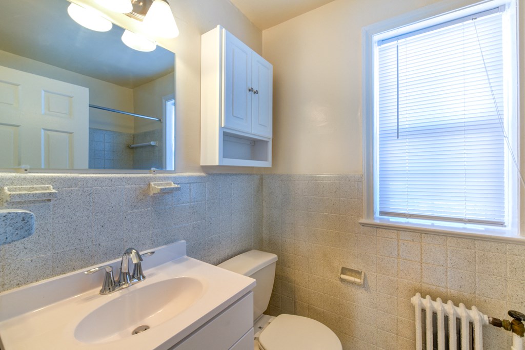 bathroom with cabinet, toilet, vanity, large mirror and window at hillside terrace apartments in washington dc