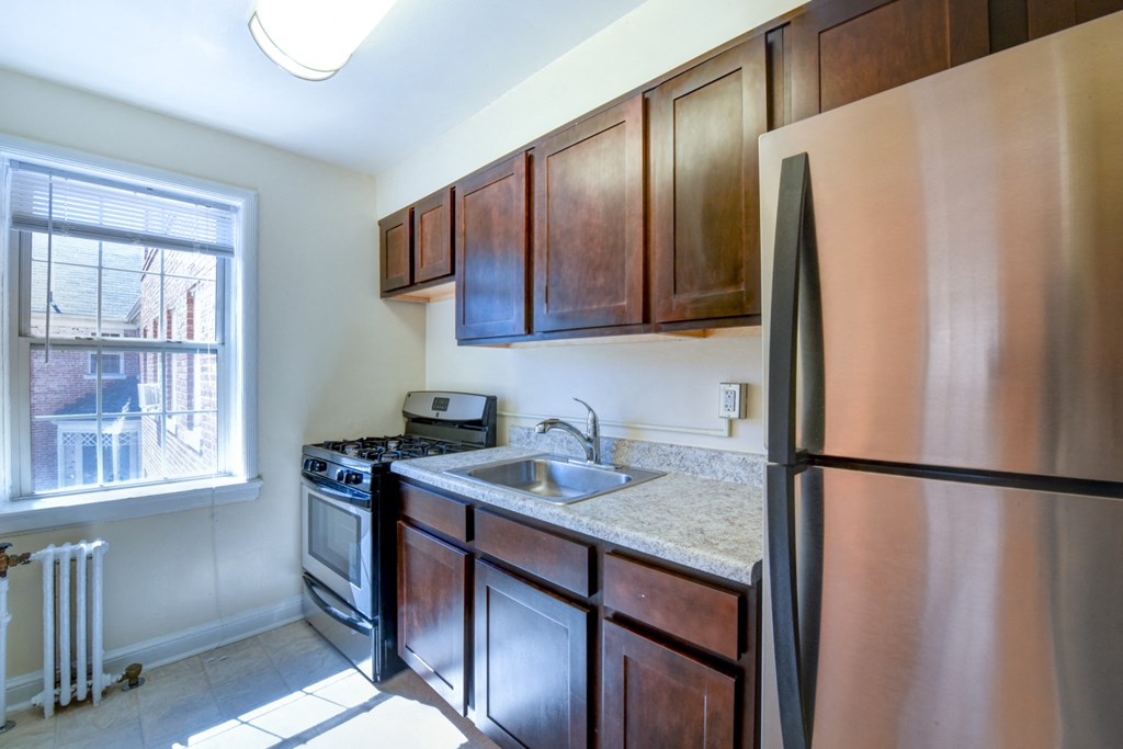 kitchen with espresso cabinetry, stainless steel appliances and large window at hillside terrace apartments in washington dc