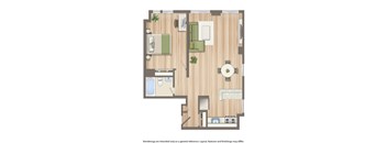 hilltop house one bedroom apartment floor plan rendering