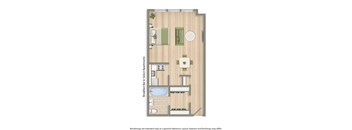 a floor plan of a room with a bed and a bathroom