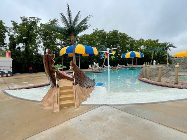 A pirate ship water slide in a water park.