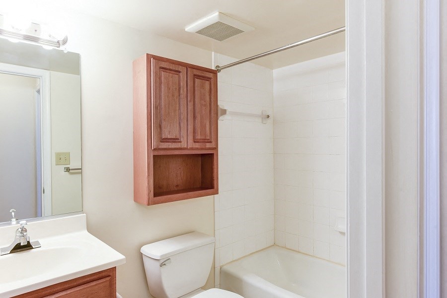 bathroom with tub, toilet, mirror, cabinets and sink at jasper place apartments in congress heights washington dc