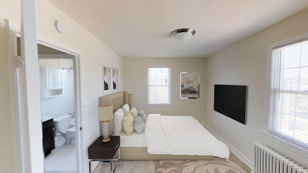bedroom with bed, tv, window view of bathroom and plush carpeting at jetu apartments in washington dc