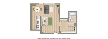 A floor plan of a house with a kitchen, living room, and bathroom.