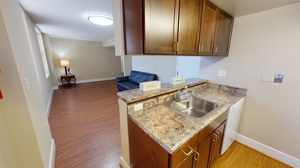 A kitchen with a granite countertop and wooden cabinets.
