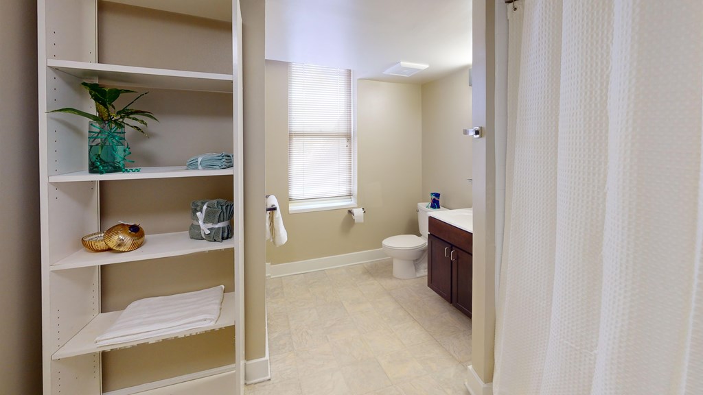 A bathroom with a toilet, sink, and a potted plant.