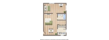 new horizon one bedroom apartment floor plan rendering