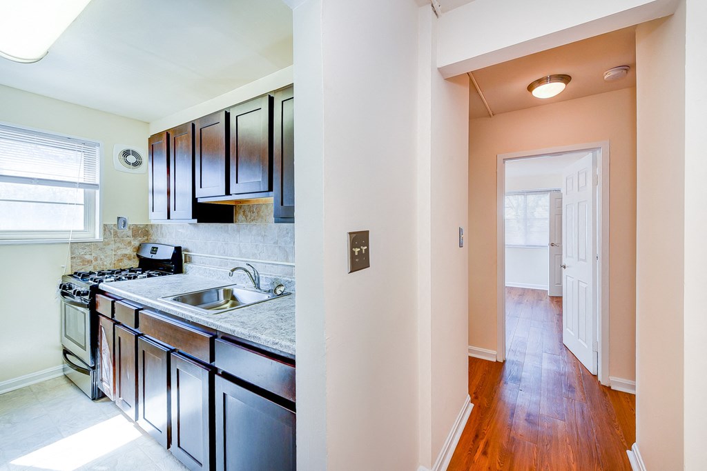 hallway view of kitchen at new horizon apartments in washington dc