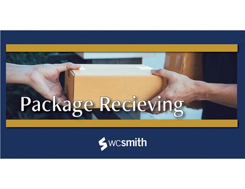 a box is being held up by two hands with the words package receiving