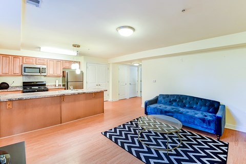 living area with sofa, coffee table and view of large open kitchen at park vista apartments in washington dc