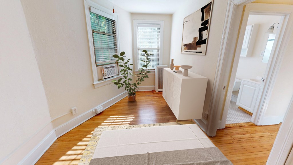 A hallway with a rug on the floor and a plant on the windowsill.