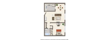 penn view one bedroom apartment floor plan rendering