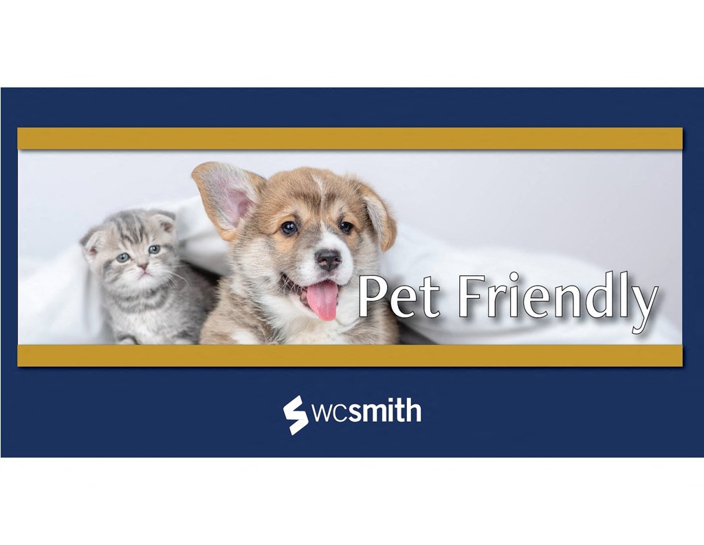 a dog and a cat sitting on a bed with the words pet friendly