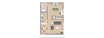 one bedroom apartment floor plan rendering at pleasant hills village apartments in washington dc