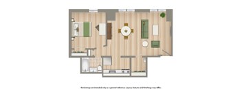 A floor plan of a house with a kitchen, living room, and bathroom.