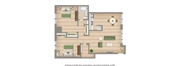 A floor plan of a house with a kitchen, living room, and two bedrooms.