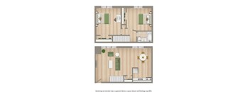 A floor plan of a house with two bedrooms and a living area.