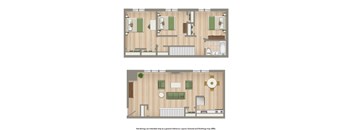 A floor plan of a house with two bedrooms, a living room, a kitchen, and a bathroom.