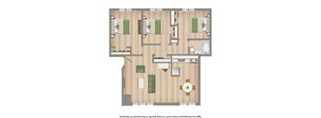 A floor plan of a house with a kitchen, living room, and two bedrooms.