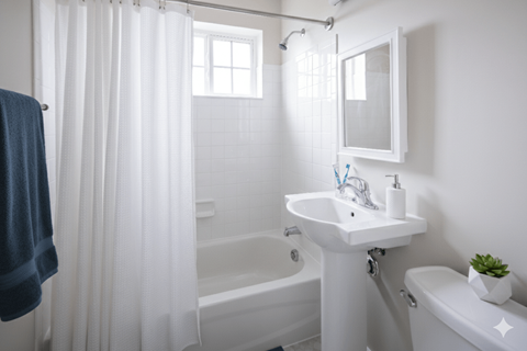 A white bathroom with a blue towel hanging on the shower curtain.