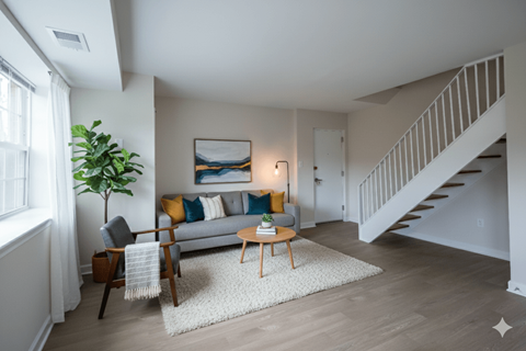 A living room with a grey couch, a wooden table, and a staircase.