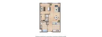 sheridan station one bedroom apartment floor plan rendering
