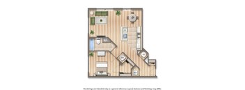 sheridan station one bedroom apartment floor plan rendering