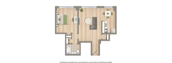 sherry hall one bedroom apartment floor plan rendering