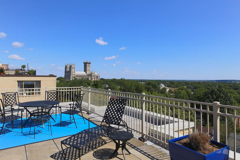 rooftop lounge and view at sherry hall apartments in washington dc