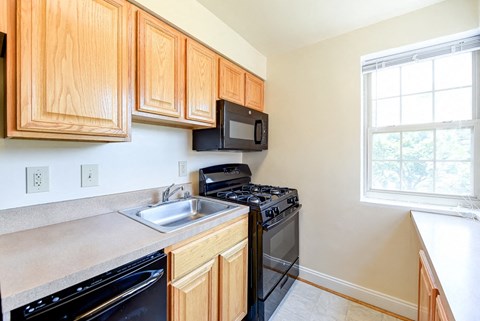 a kitchen with a sink and a stove and a microwave