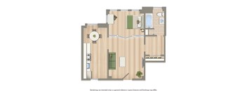 rendering of studio apartment floor plan at the dahlia apartment building in washington dc