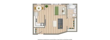 A floor plan of a room with a kitchen, living room, and bathroom.