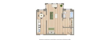 rendering of a studio apartment at crest at the dahlia apartments in washington dc