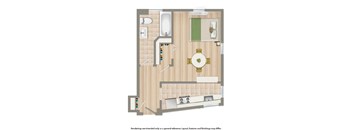 A floor plan of a room with a kitchen, living room, and bathroom.