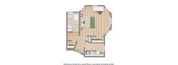 A drawing of a house layout with a kitchen, living room, and bathroom.