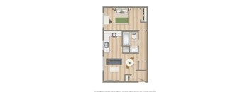 A floor plan of a small apartment with a kitchen, living room, and bathroom.