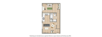 A floor plan of a house with a kitchen, living room, and bathroom.