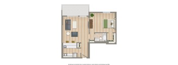 A floor plan of a house with a kitchen, living room, and bathroom.