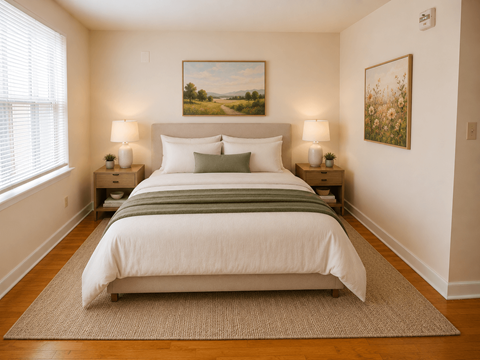 A bedroom with a large bed and two lamps.
