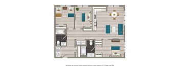 a floor plan of a house with furniture and a clock