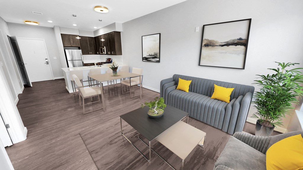 One bedroom living room and kitchen at Terrace Manor tax credit apartment for rent in Washington DC