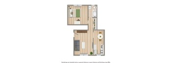 one bedroom apartment floor plan rendering at 1400 van buren apartments