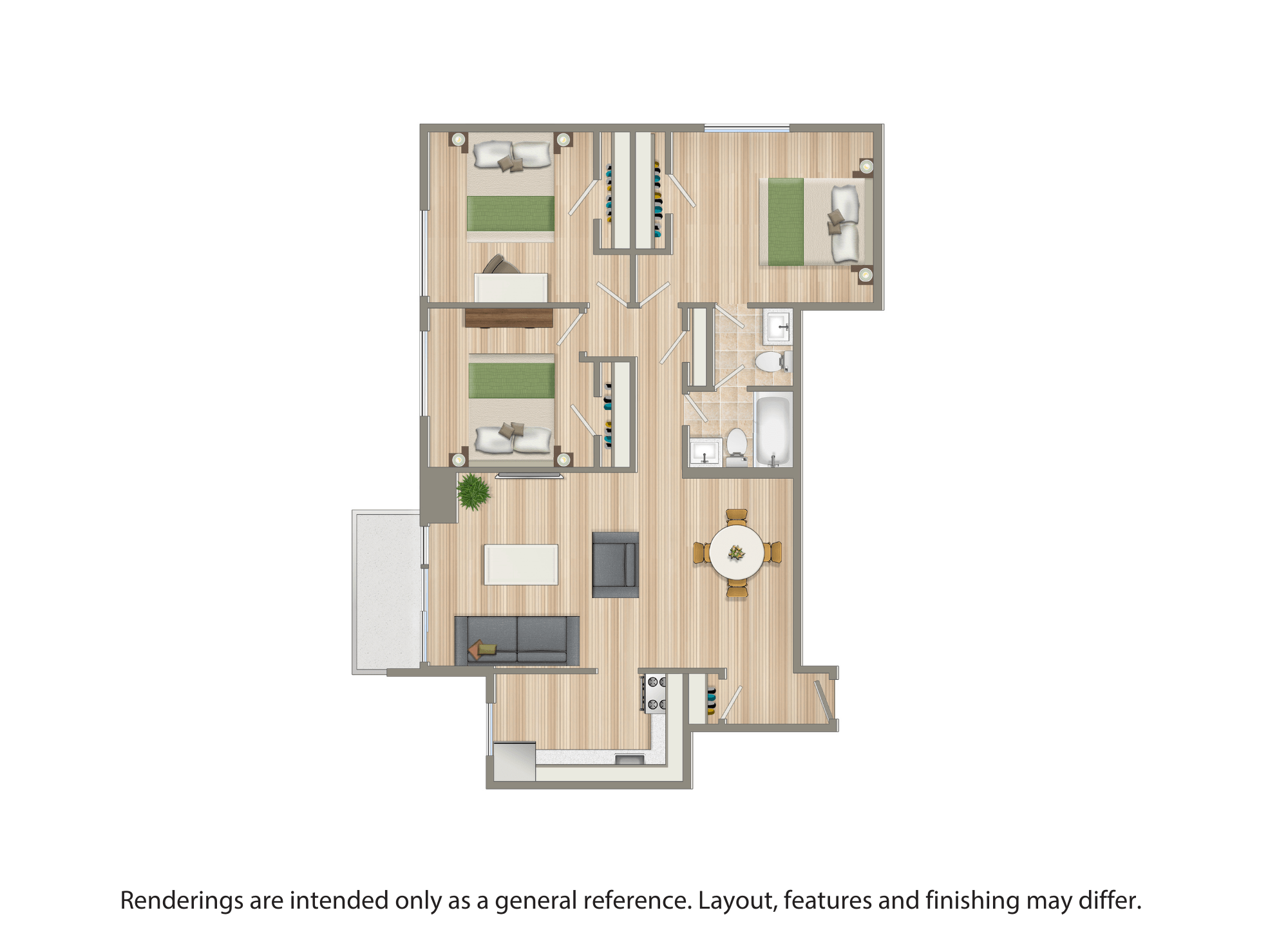 A floor plan of a house with a kitchen, living room, dining room, and two bedrooms.