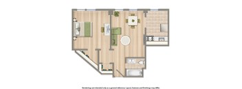A floor plan of a house with a living room, dining room, kitchen, and bathrooms.
