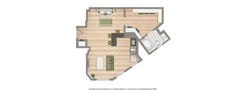 wakefield hall apartments studio floor plan rendering
