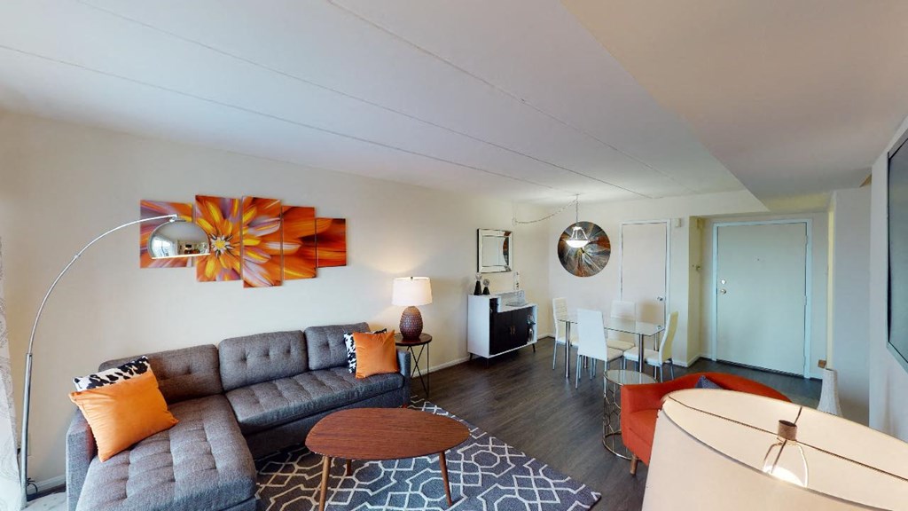 Livingroom with sofa, coffee table, decorative rug and view of dining area