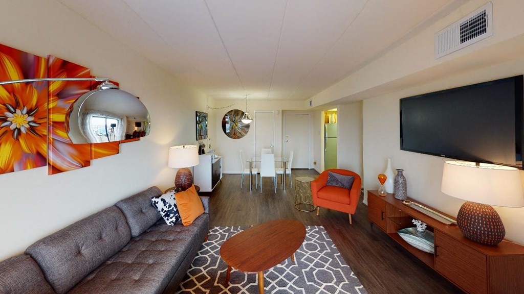 Livingroom with sofa. coffee table, decorative rug and view of front entrance at washington view apartments in washington dc