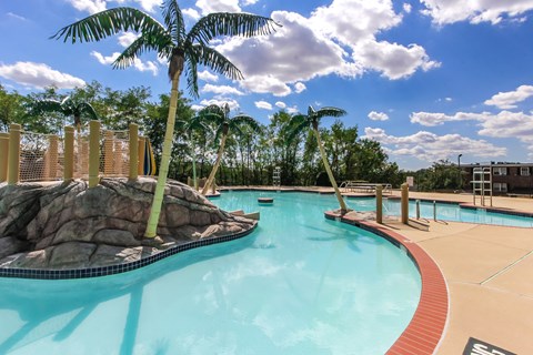 A palm tree stands next to a pool with a rocky outcrop.